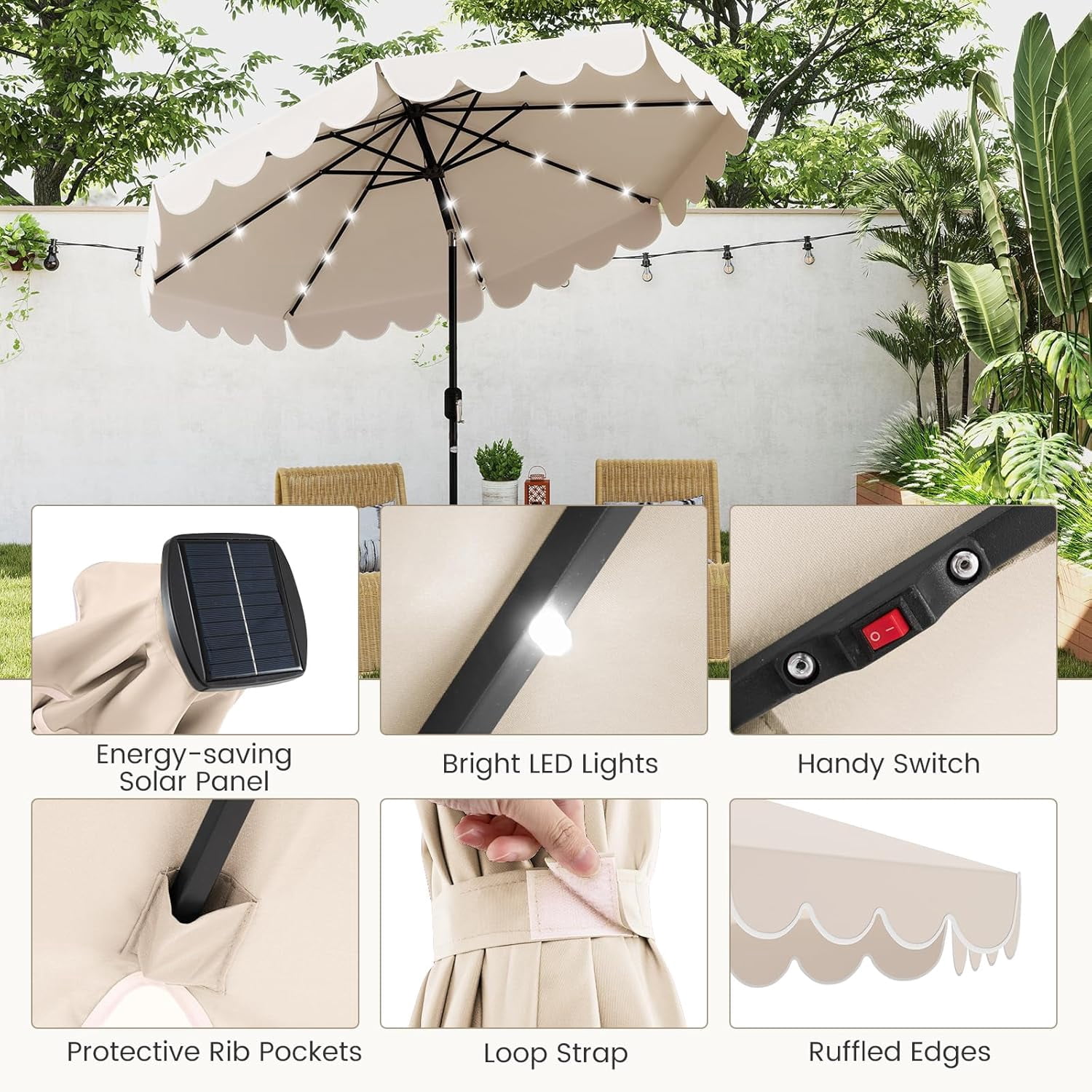 ZYPPP  9 FT Solar Patio Umbrella, 2-Tiers Scalloped Outdoor Table Market Umbrella with 32 LED Lights, Vented Top, Tilt Adjustment, Crank, 8 Ribs for Backyard Poolside Deck Beach Lawn (Beige)
