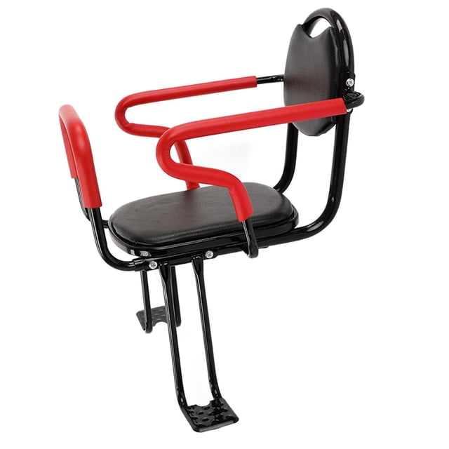 caja fuerte de montaje trasero bicicleta para niños cerca desmontable cerca trasera pasaje de reposapiés restaurante restante asiento para bebés con b sunnimix asiento trasero del niño de la bicicleta asiento trasero SM SunniMix rojo de montaje trasero, vista 3/4; estructura de hierro negra, respaldo alto acolchado y cojín grueso negro, barandillas curvas forradas en rojo, reposapiés metálico plegable de doble soporte, tamaño 52x42 cm; aplicable a bicicletas plegables, urbanas y eléctricas.