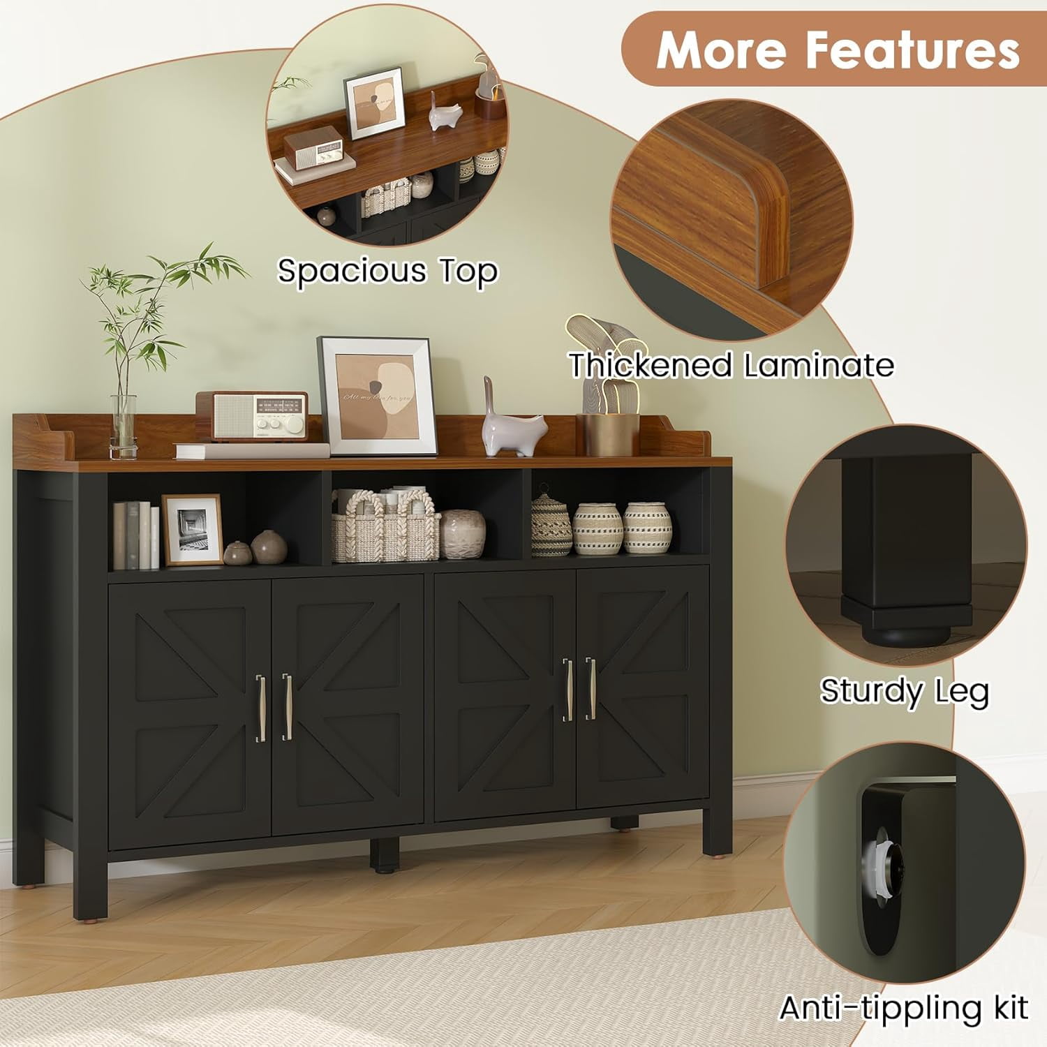 HAUXITIO 55" Farmhouse Buffet Cabinet with 4 Doors & Open Shelves,Kitchen Storage Sideboard for Dining Room & Living Room,Black