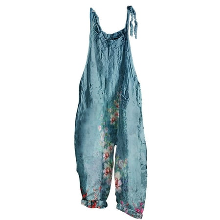 

REORIAFEE Wide Leg Jumpsuits for Women Dressy One Piece Casual Square Collar Sleeveless Jumpsuit Floral Print Sling Pockets Backless Loose Long Playsuit Romper Jumpsuit Sky Blue XXL