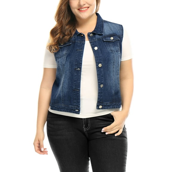 Unique Bargains Women's Plus Size Chest Pockets Single Breasted Denim Sleeveless Jacket