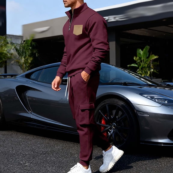 Yusimy Men's Fleece-Lined 2-Piece Cargo Set Half-Zip Stand-Up Collar Pocket Jogger Pants Casual