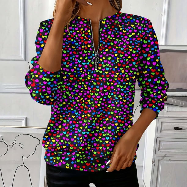 TaTaai Women's Valentine Heart Print Loose Round Neck Long Sleeve Sweatshirt, Valentine's Day Gift, Chic Casual Office Daily Top Gift