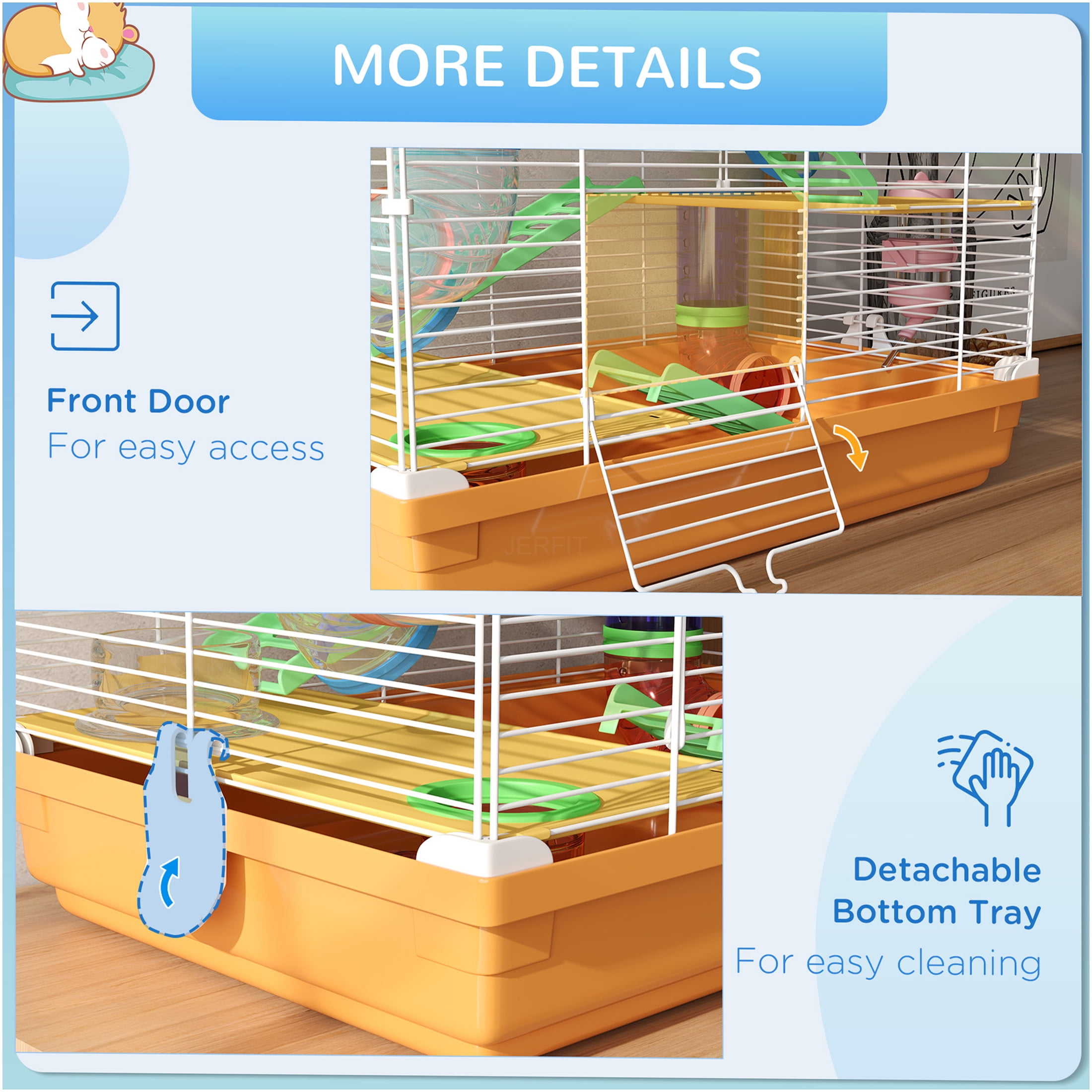 JERFIT 5-Tier Small Animal Cage with Tubes, Exercise Wheel, Water Bottle & Carry Handle, Metal Hamster Habitat for Gerbils, Orange