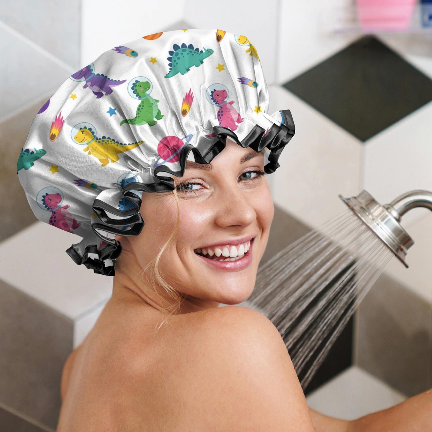 Shower Caps,White Dinosaurs Space Pattern Waterproof Shower Cap for Women 4 Pieces,Double Reusable Hair Cover for Shower PEVA Elastic Stretch Hem