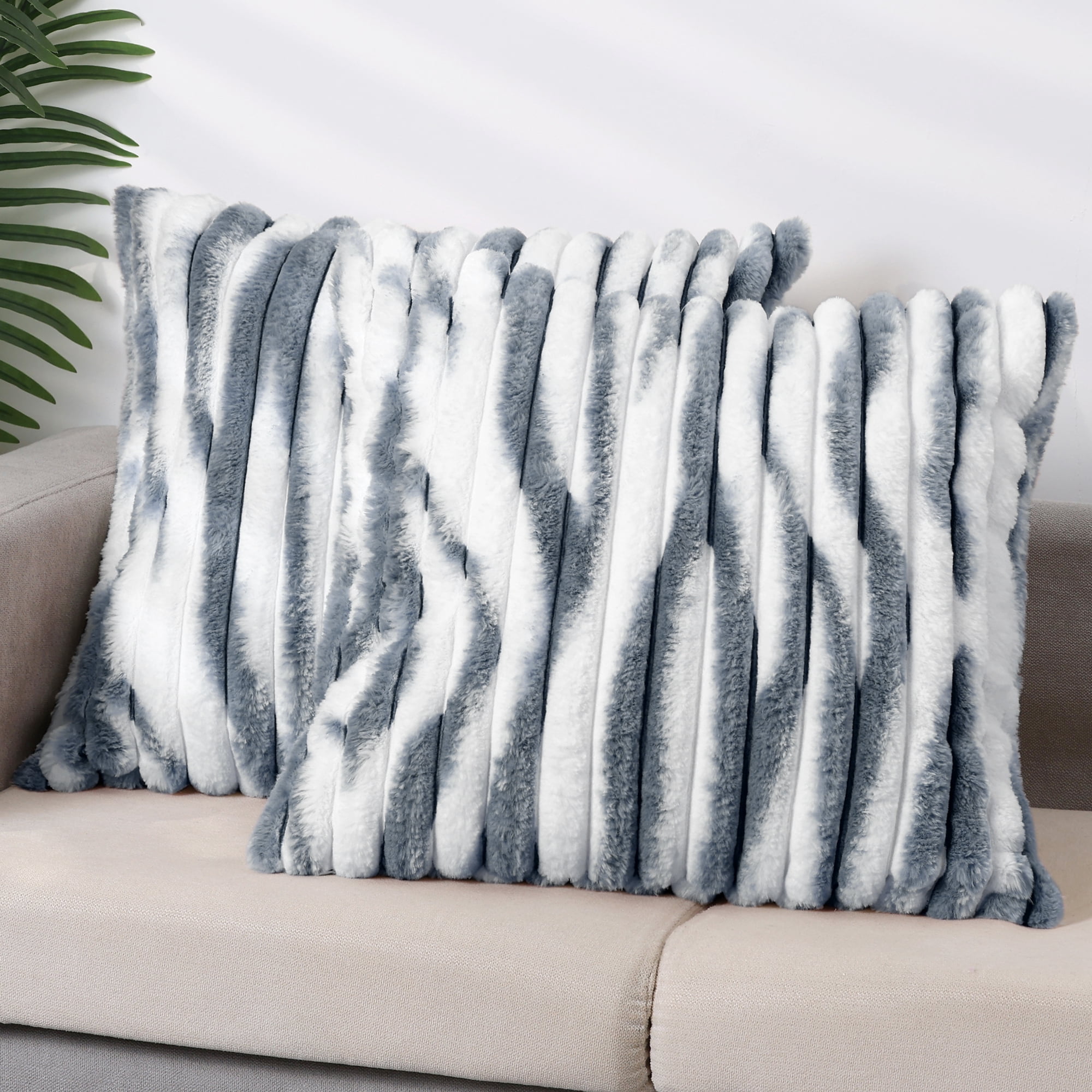 Unique Bargains Gradient Striped Tie Dye Throw Pillow Covers Faux Fur Plush Pillowcases Dark Blue 16" x 16"