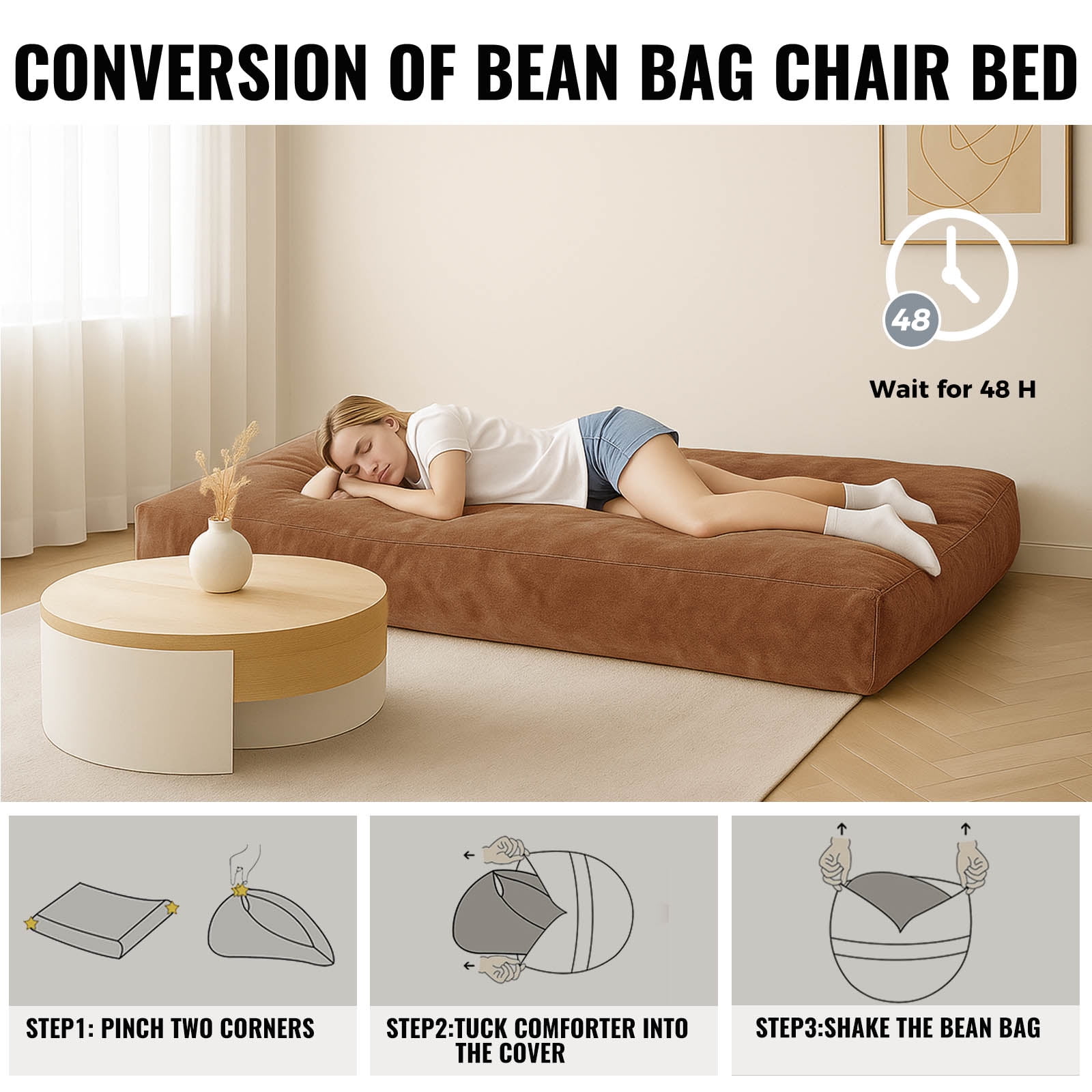 Bean Bag Chair,Convertible Bean Bag Chair Bed Giant Bean Bag Chairs for Adults Memory Foam Bean Bag Bed for Adults Bean Bags Chair that Turns into Bed