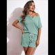 thumbnail image 5 of Conjunto de Pijama de Dos Piezas para Mujer, para Estar en Casa, con Camiseta de Corta y Pantalón Corto con Cintura Elástica. Verde M, 5 of 6