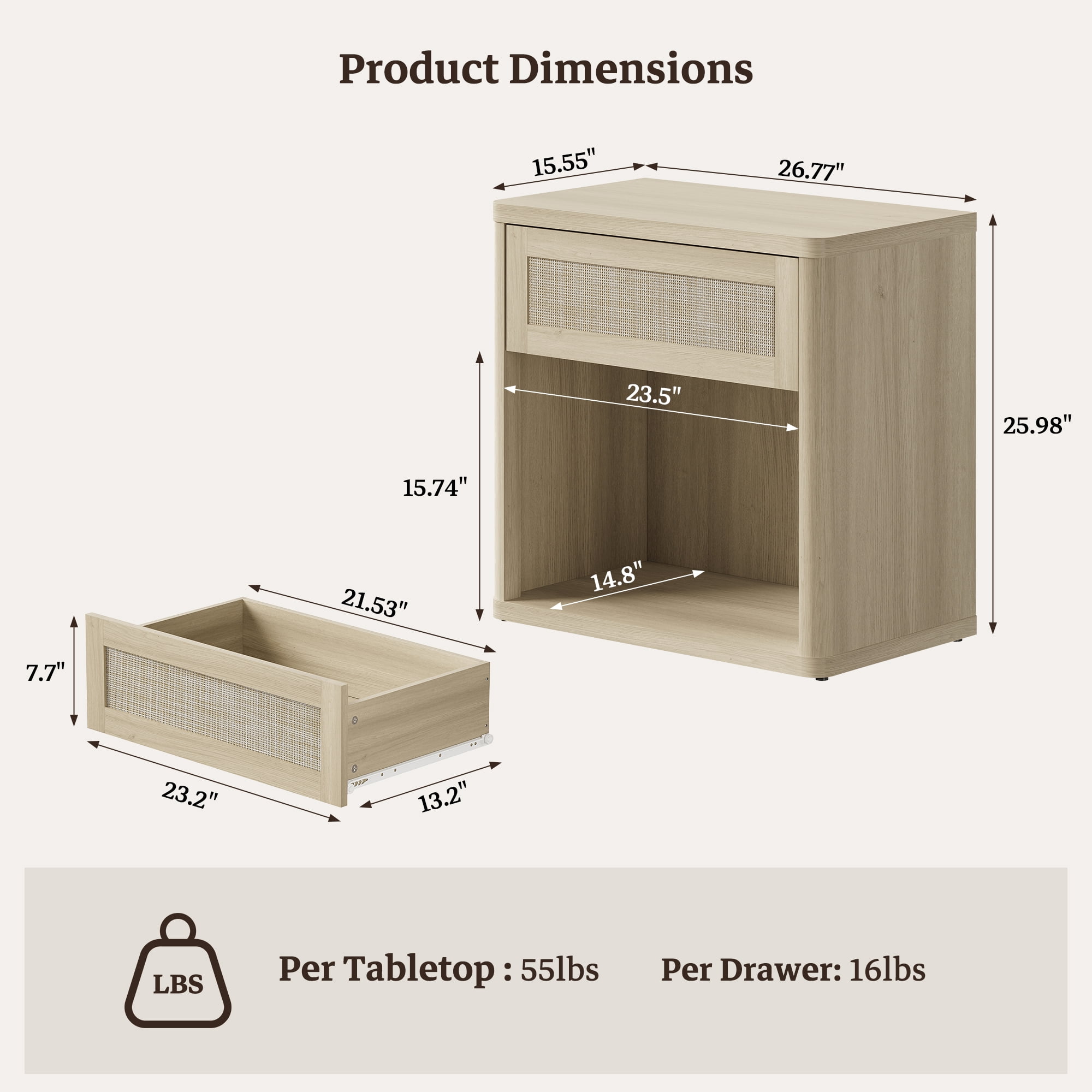 SICOTAS Rattan 27"W Nightstand, Boho Bedside Table with Large Drawer & Open Storage Shelf, Coastal Nightstand, Small Farmhouse Wood End Side Table for Bedroom, Living Room, Light Oak