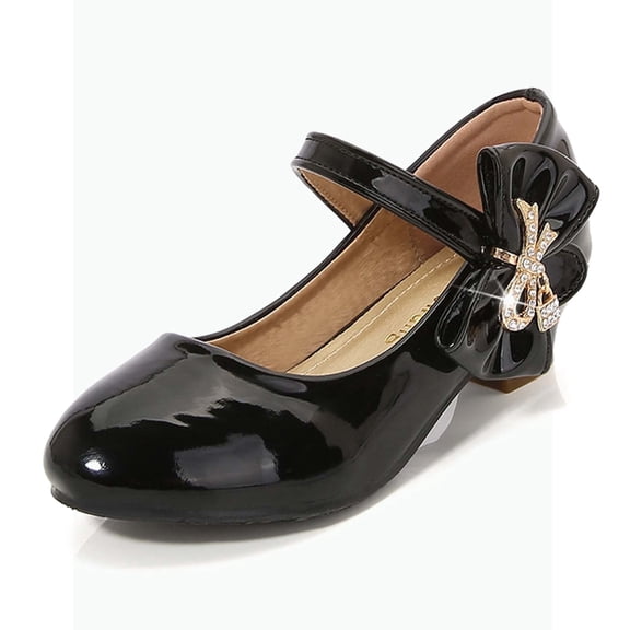 Gyujnb Girls' Sparkly Bow Mary Jane Heels Comfortable Lightweight Dress Shoes for Party Performance & Daily Wear,1.5