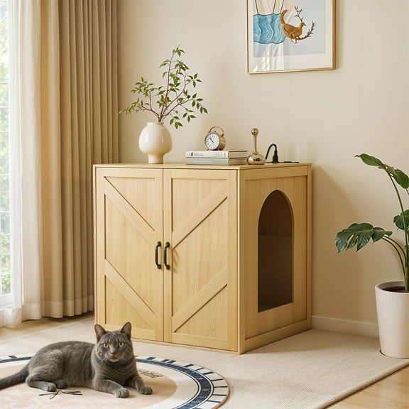 JanflyHome Cat Litter Robot Enclosure Cabinet, Litter Box Enclosure Furniture with Charge Station, Wood