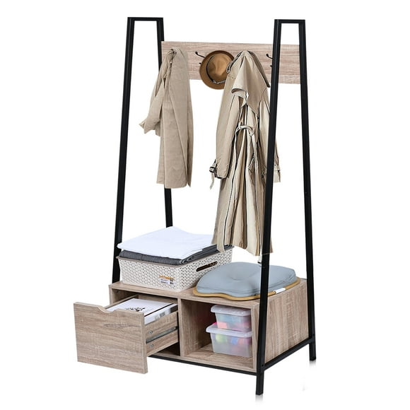 Entryway Metal Cabinets Shelf Storage Coat Rack,Garment Rack Shoe Bench with 2 Wood Drawers and Hooks