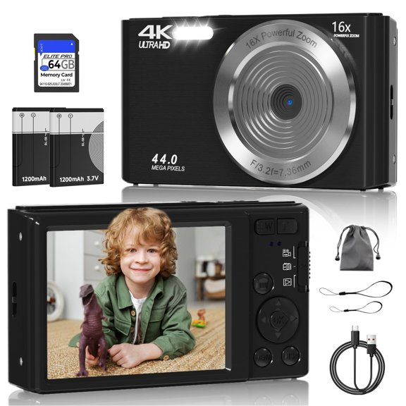 Cámara digital ceye FHD 4K, 44 MP, zoom 16X con tarjeta SD de 64 GB, negra