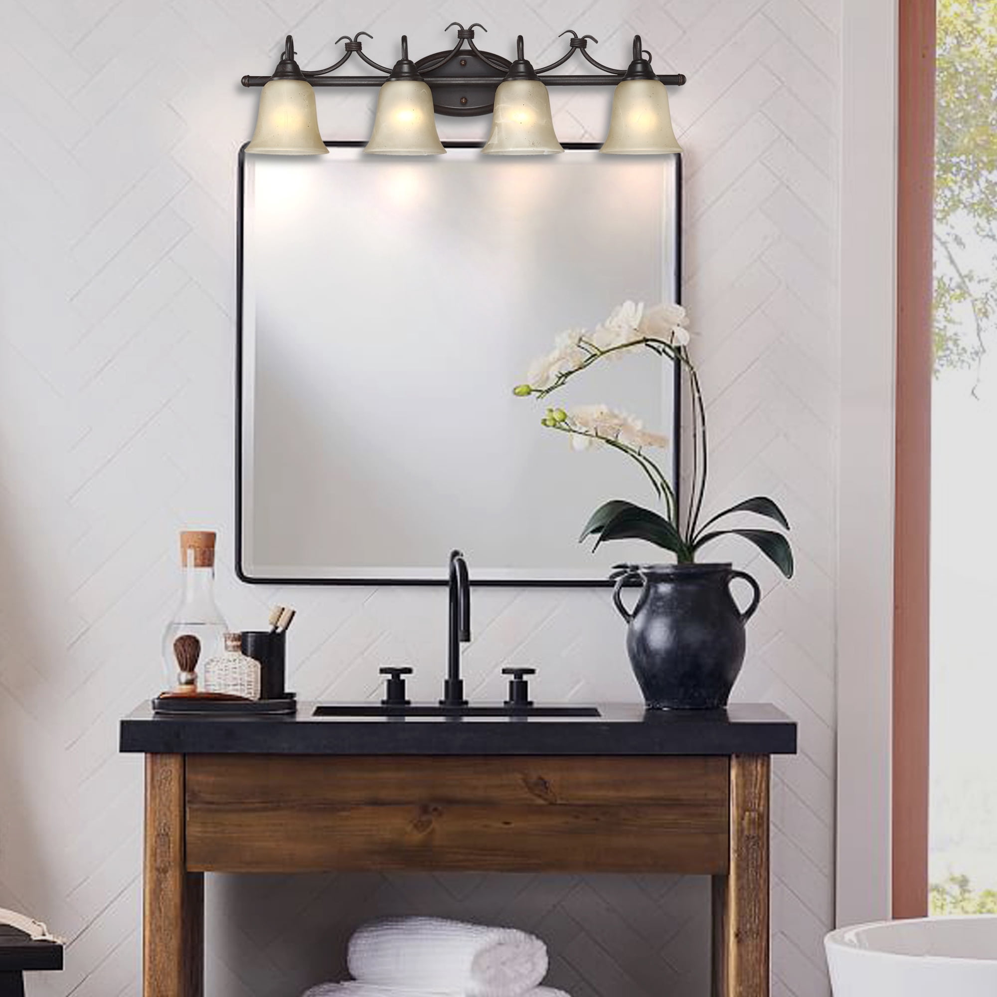 4-Light Bronze Bathroom Light, Retro Bathroom Light Fixtures with White Opal Glass Bell Shape Shades