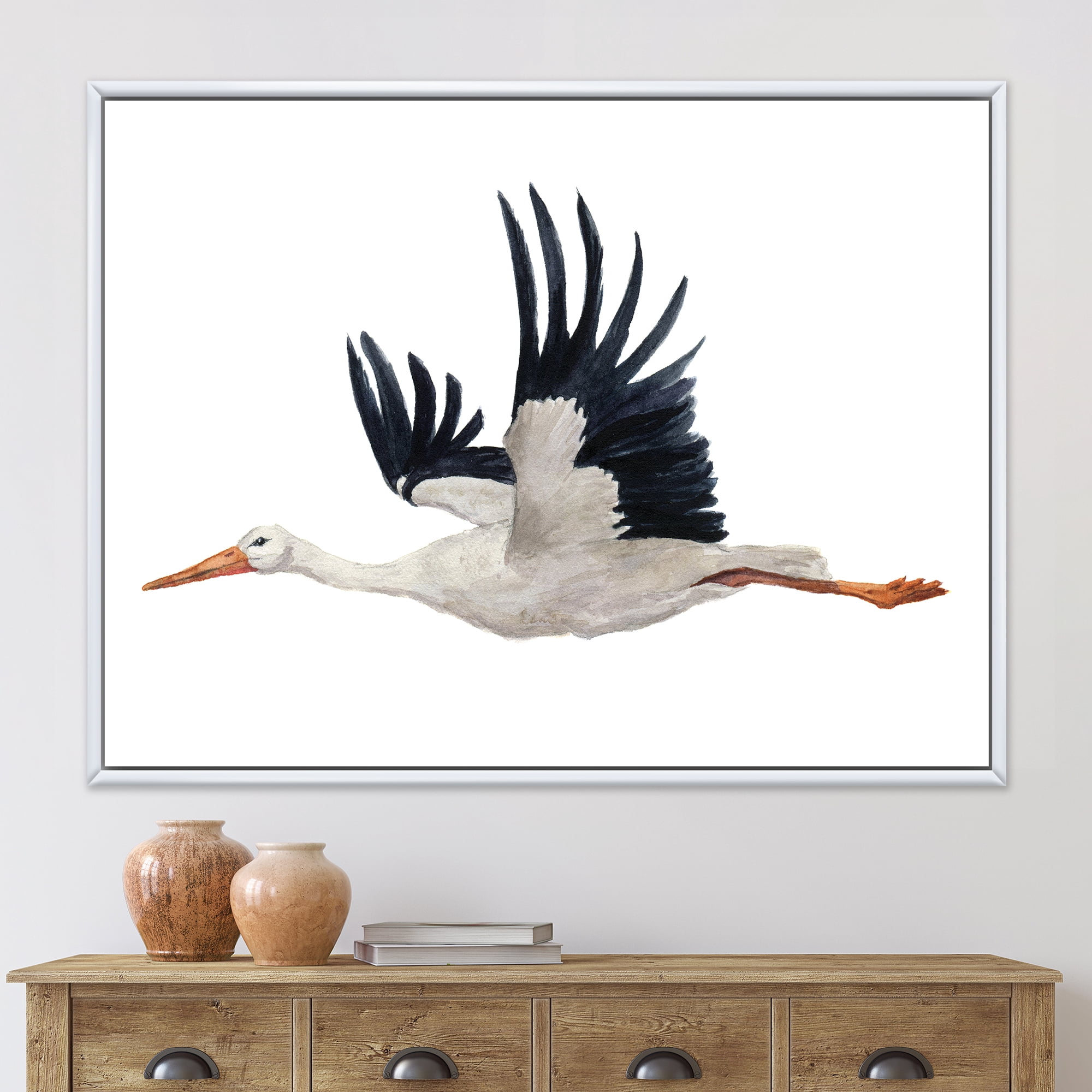 Designart 'White Stork Ciconia Flying Bird ' Traditional Framed Canvas Wall Art Print