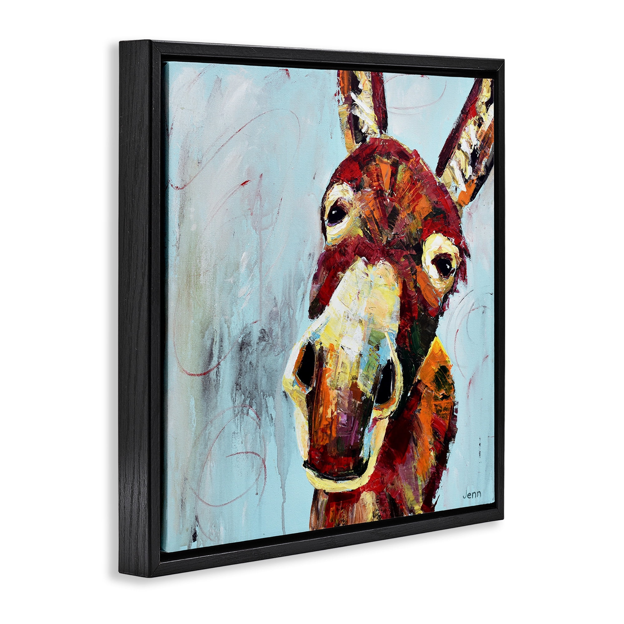 Stupell Industries Donkey Face Blue Background Animals & Insects Painting Black Floater Framed Canvas Art Print Wall Art, 18 x 18