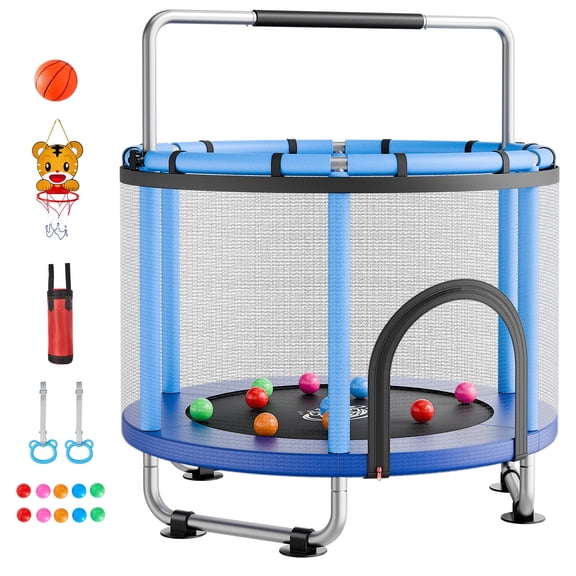 KFFKFF 55" Kids Trampoline with Safety Net, 4.6 FT Mini Indoor Outdoor Play Equipment, 132 lbs Capacity, Adjustable Gymnastics Bar, Ideal for Children's Gifts and Active Fun