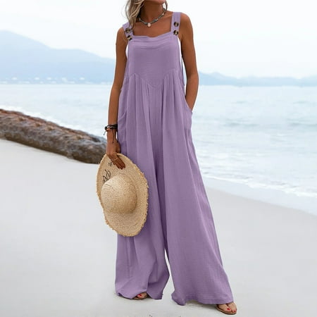 

Yuwegr Jumpsuits For Women Loose Button Rompers Strap Solid Jumpsuit Summer Dressy Casual Stretchy Bodysuit Purple L