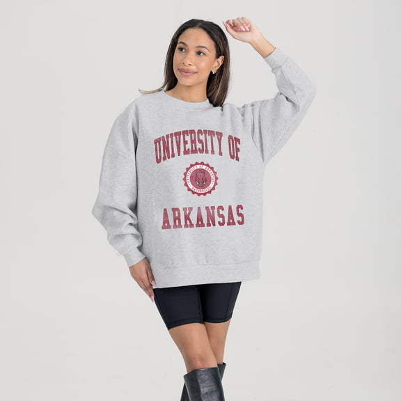 Women's Gameday Couture Steel Arkansas Razorbacks Oversized Good Vibes Premium Fleece Drop Shoulder Pullover Sweatshirt