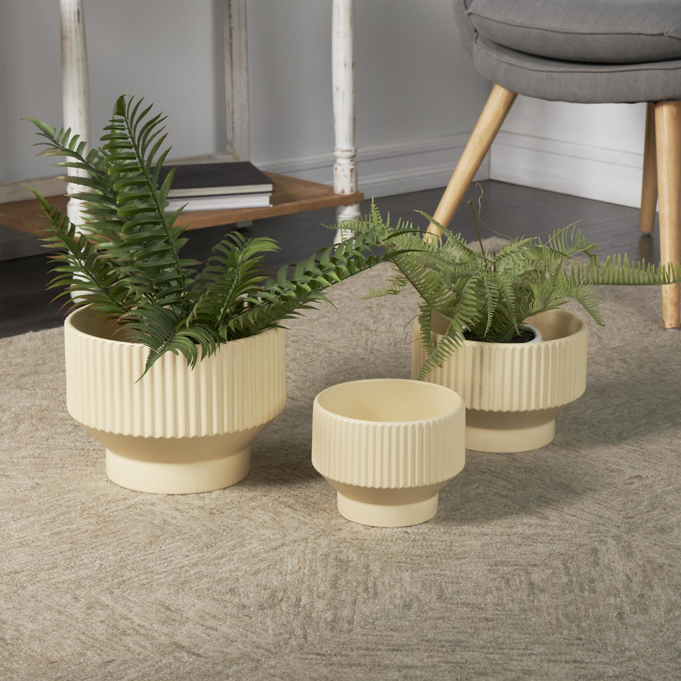DecMode 10", 8", 7"W Wide Cream Ceramic Planter with Linear Grooves and Tapered Bases (3 Count)