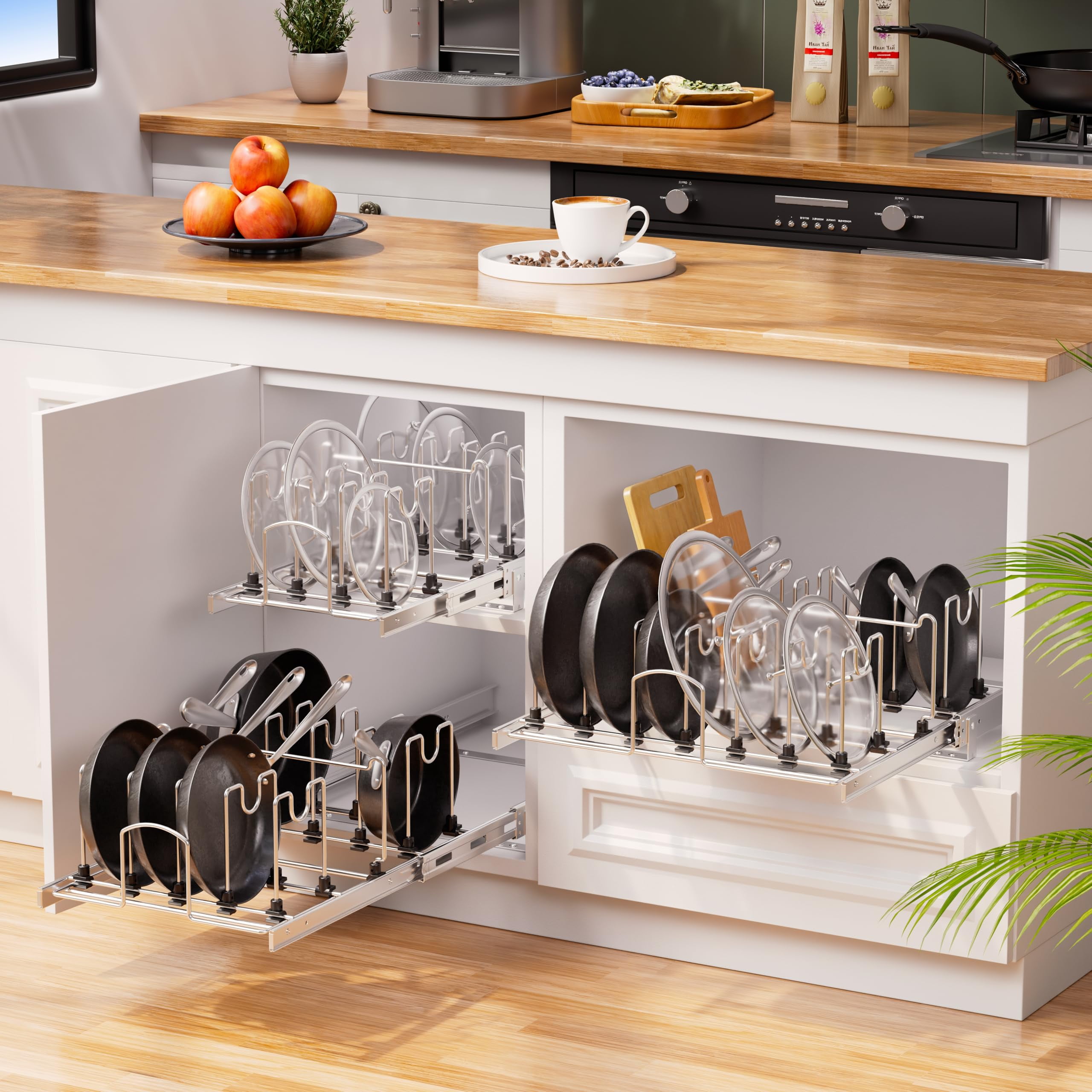 STORKING Adjustable Pull-Out Pots and Pans Organizer, 20"W x 22"D Full-Extension Rail, Chrome Plated with 15 Dividers for Under Cabinet