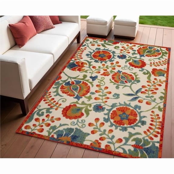 HomeRoots 545038 4 x 6 ft. Red Gold Green & Teal Blue Floral Indoor & Outdoor Rectangle Area Rug