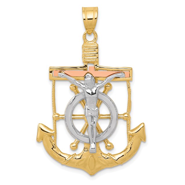 14k Tri Color Gold Mariners Cross Necklace Charm Pendant Religious Crucifix Mariner