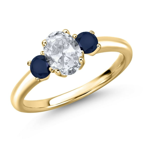 Gem Stone King 10K Yellow Gold White Topaz and Blue Sapphire Engagement Ring for Women | 1.44 Cttw | Oval 7X5MM | Gemstone November Birthstone | Size 8