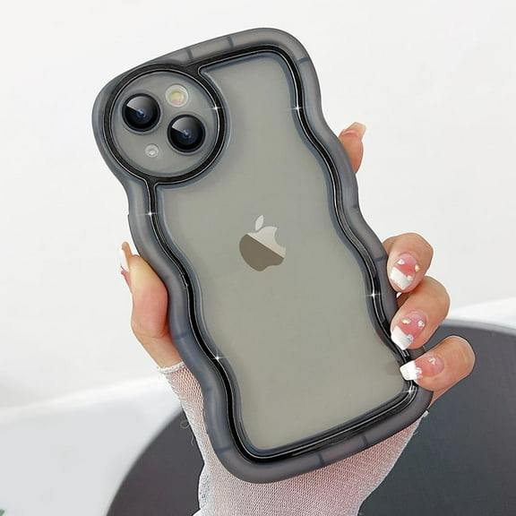 Compatible with iPhone 13 Case, Cute Curly Wave Frame Shape with Plating Edge, Camera Lens Cover & Soft TPU Silicone Heavy Duty Shockproof Protection Clear Phone case for iPhone 13, Black