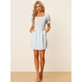 thumbnail image 3 of Vestido Floral Por Encima De La Rodilla Con Cintura Elástica Y Cuello Cuadrado Con Mangas Abullonadas Para Mujer Azul Claro L, 3 of 6