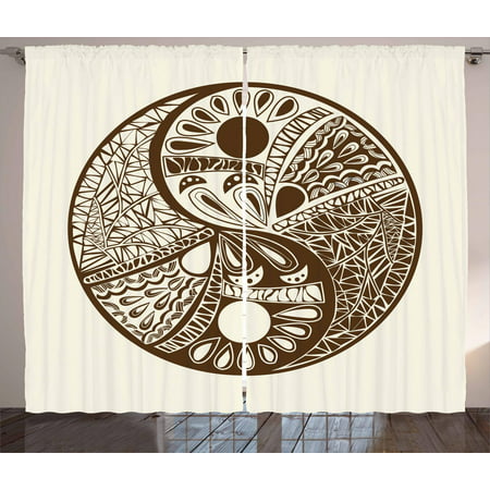 Yin Yang Curtains 2 Panels Set, Abstract Yin Yang Ornamented with Hand-Drawn Triangles and Drop Shapes, Window Drapes for Living Room Bedroom, 108W X 96L Inches, Chocolate Eggshell, by