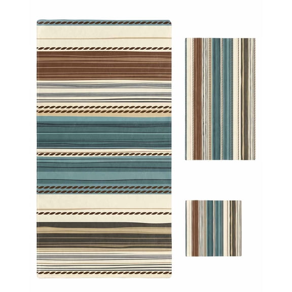 Teal Boho Stripes Towel Set of 3, Soft Microfiber Bath Towels, Hand Towel, Washcloths, Modern Bohemia Brown Beige Texture Quick-Dry Absorbent Towels for Bathroom Kitchen Hotel Beach Gym Spa
