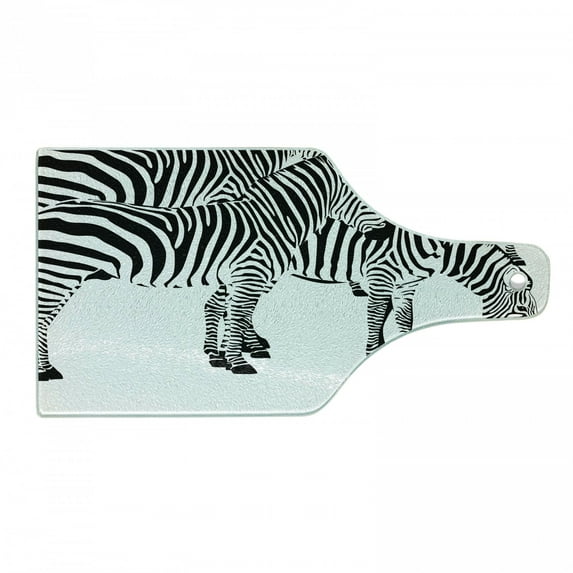 Safari Cutting Board, Zebras Animals Skin Print with Stripes Jungle Wildlife Picture Art, Decorative Tempered Glass Cutting and Serving Board, Wine Bottle Shape, Black and White, by Ambesonne