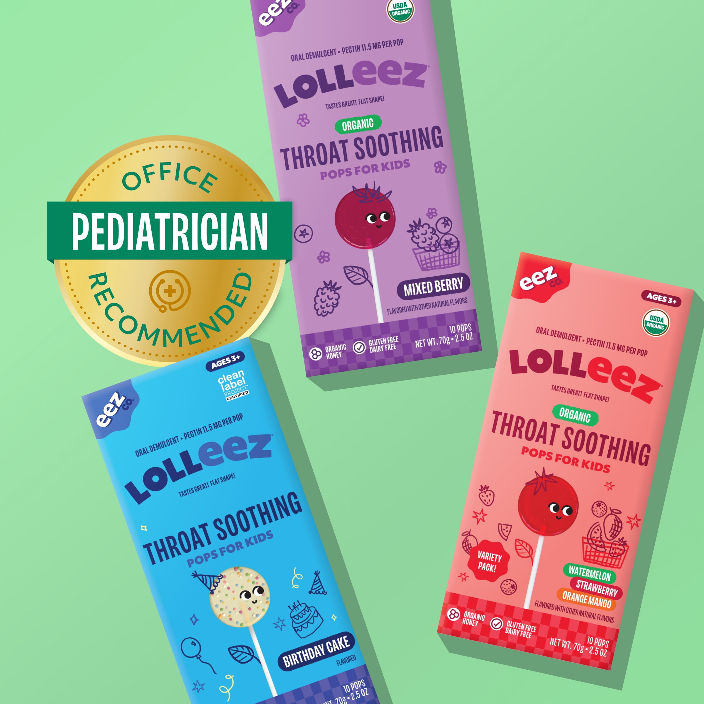 Lolleez Organic Kids Throat Soothing Variety Pack Lollipops, 10 Count