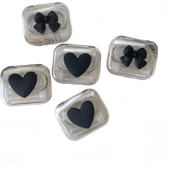 4 Pack Portable Cute Contact Lens Cases, Travel Eye Contacts Case Box Holder, Contact Lenses Tweezers Remover Tool Solution Bottle Kit for Daily Outdoor (3D Hearts   3D Bows, Black)