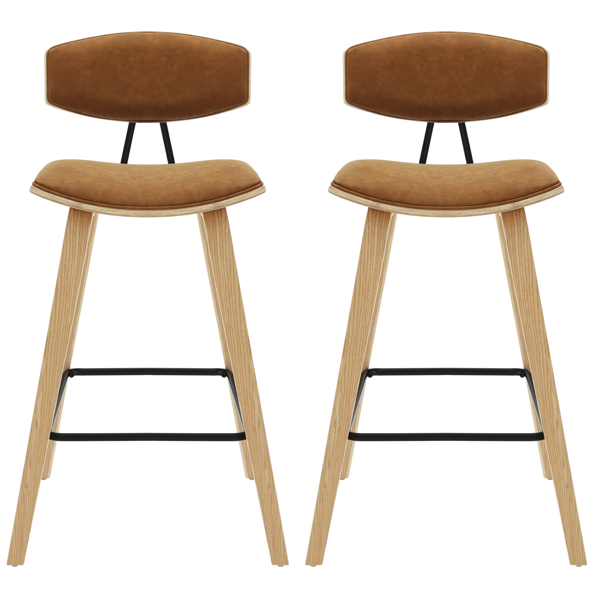 Fox 36 in. H Counter Height Camel Curved Back Wood Bar Stool with Faux Leather Seat Set of 2