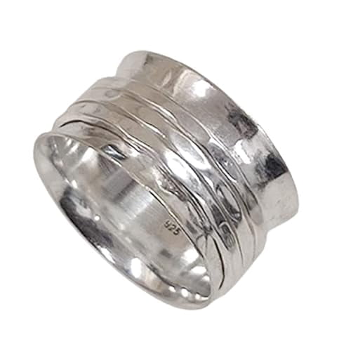 SS DESIGNS Silver Spinner Ring 925 Sterling Silver Three Tone Band with Hammered Finish, Meditation Fidget Spinner Ring for Womenâ€™s Stress Relief