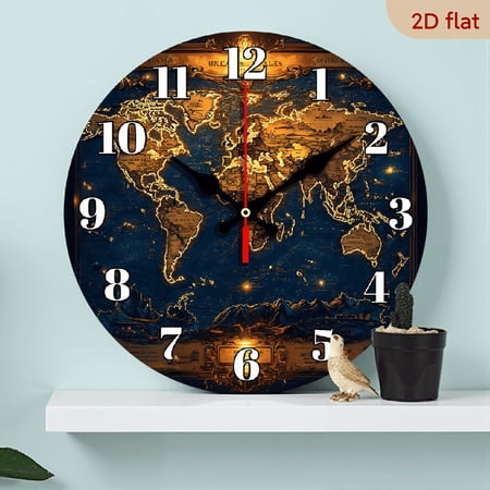 2 D Flat 1 pc 10 Inch Silent Wooden World Map Wall Clock, Fantasy Round Analog Display with