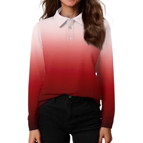 CCRFTGI Polo Shirts for Child Girls Size 7 School Uniform Gradient Shirt Golf Tennis Pique Collared Polos Casual Long Sleeve 2026 Summer polo shirts Wine 5-6 Years