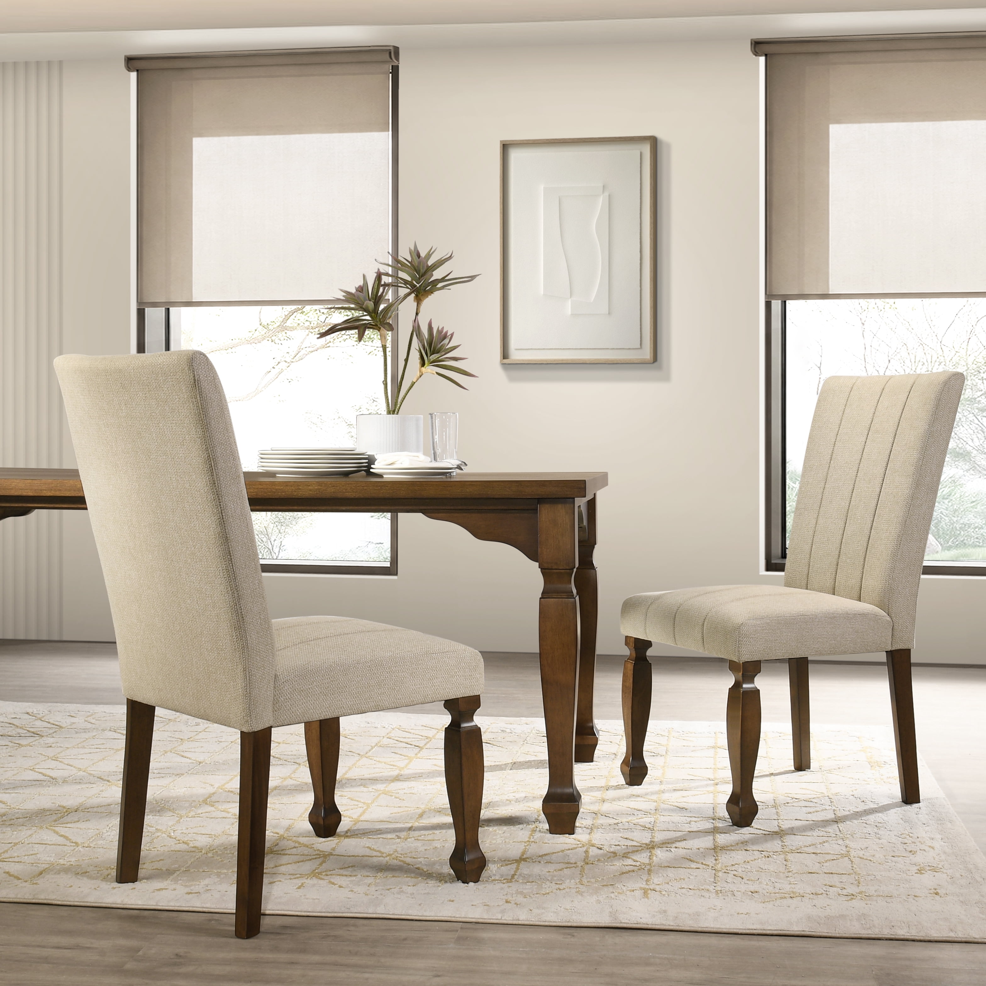 Roundhill Furniture Rowan Upholstered Turned Leg Wood Dining Chair, Set of 2, Beige
