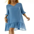 thumbnail image 3 of Women Cover-up Dress  Short Sleeve V Neck Solid Ruffled Loose Summer Casual Beach Dress, 3 of 7