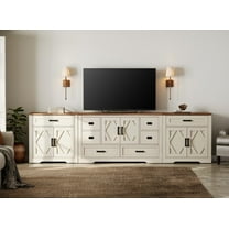 WAMPAT 117"W Large TV Stand,3-in-1 Farmhouse Entertainment Center with Storage Barn Door Cabinet,TV Console Table With Media Cabinet and Drawers for Living Room,Bedroom,Cream White