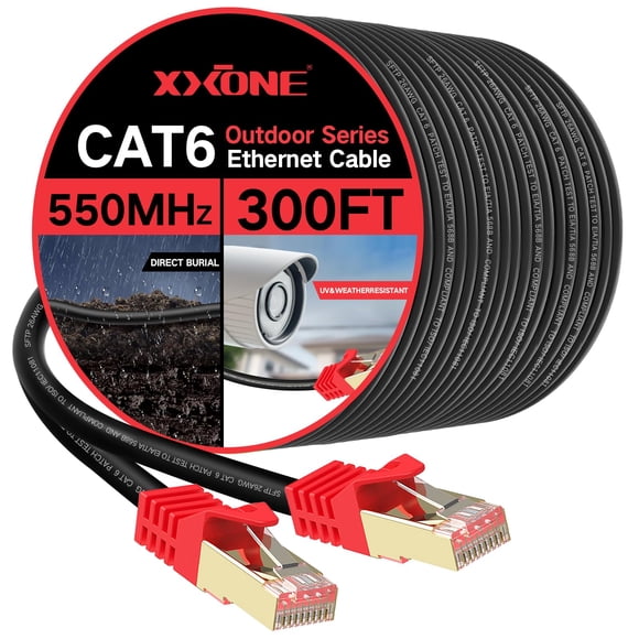 XXONE Câble Ethernet 6 pour Extérieur 300 Pieds, Cordon de Réseau Cat6 Robuste 26AWG, Patch de Câble RJ45 LAN, Câble FTP Étanche, Enfouissement Direct