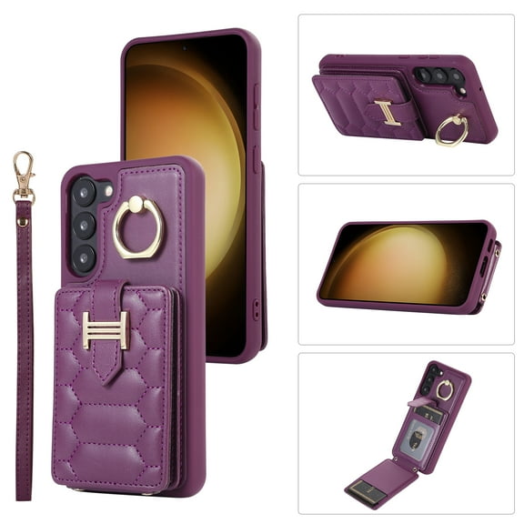 Nalacover Case for Samsung Galaxy S23 Crossbody Wallet Case with Credit Card Holder, Lanyard Shoulder Strap Premium PU Leather Wrist Hand Strap Cover with Ring Holder Kickstand, Deeppurple