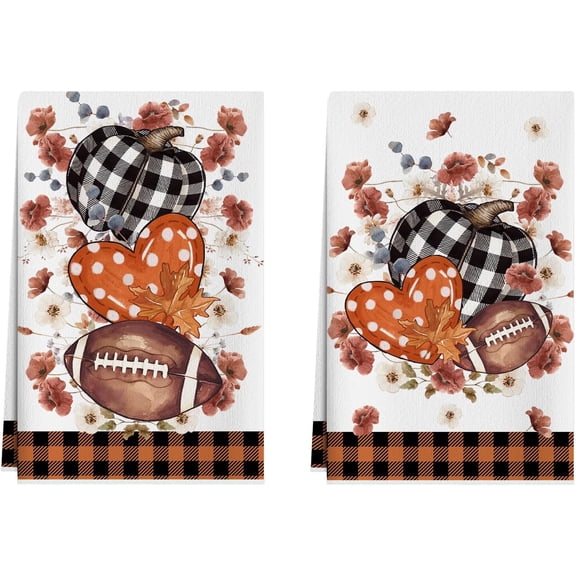 Watercolor Football Love Heart Flower Pumpkin Maple Leaf Fall Dish Towels 18x26 Inch Home Kitchen Decorations Hand Towels Set of 2 Drying Dishcloth