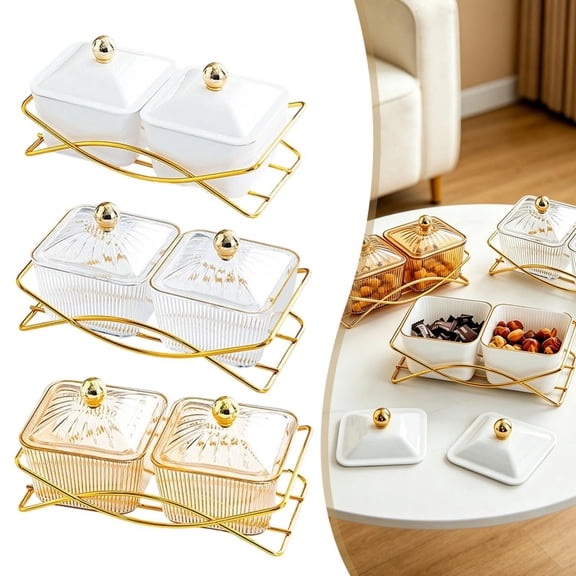 CoreLiving Plastic Serving Bowls with Lid and Gold Basket Tray, Elegant Clear Fruit Tray and Veggie Platter for Candy, Chips and Dip, Hosting Essentials