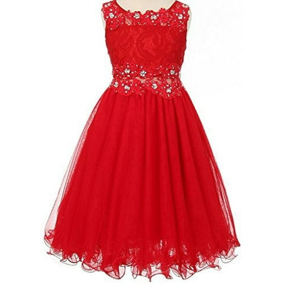 Big Girls' Sleeveless Rhinestone Lace Peekaboo Waist Pageant Flower Girl Dress Red 10 (C50C10)