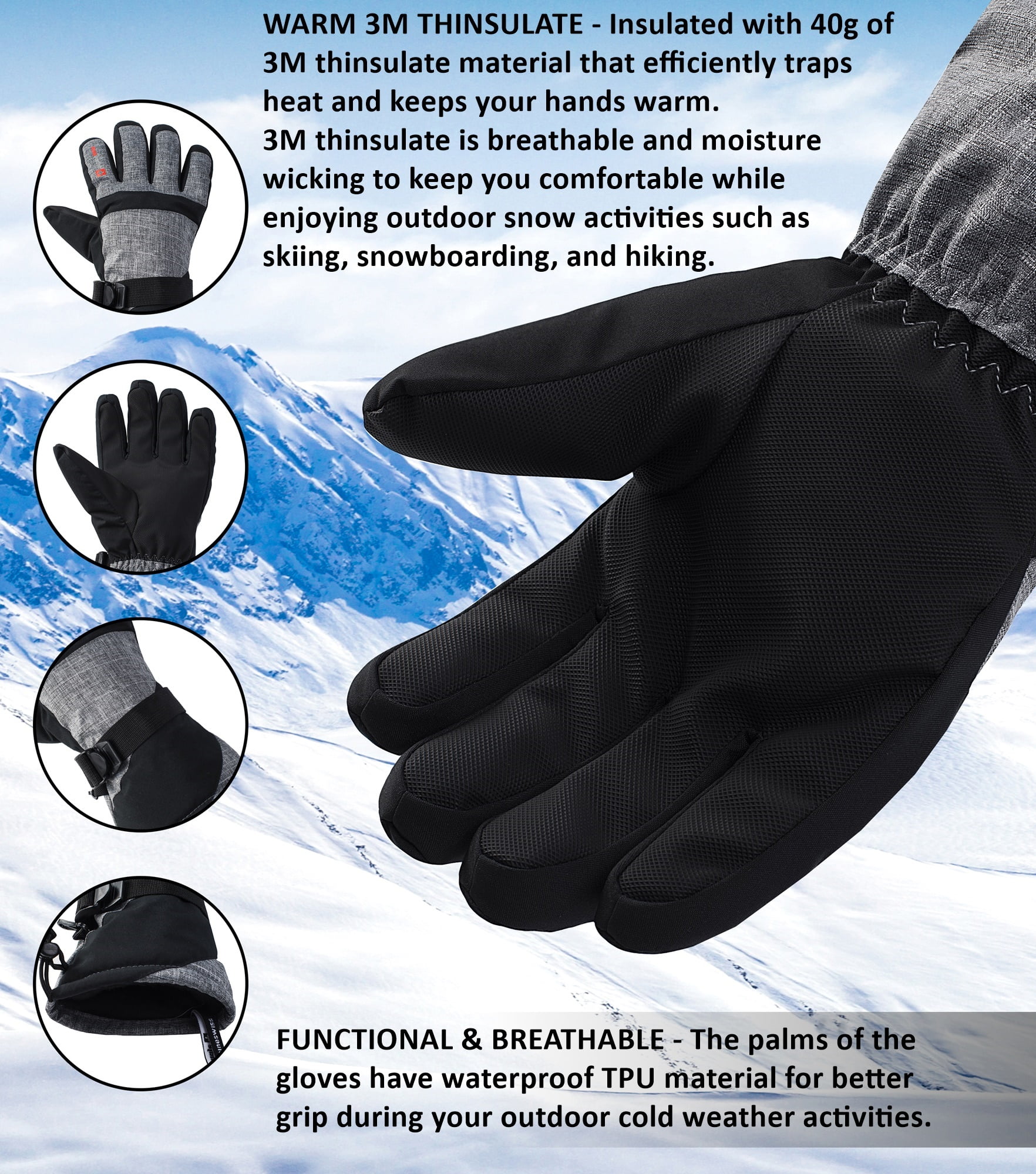 Alpine Swiss Mens Waterproof Gauntlet Snow Ski Gloves Winter Sport Snowboarding Windproof Warm 3M Thinsulate