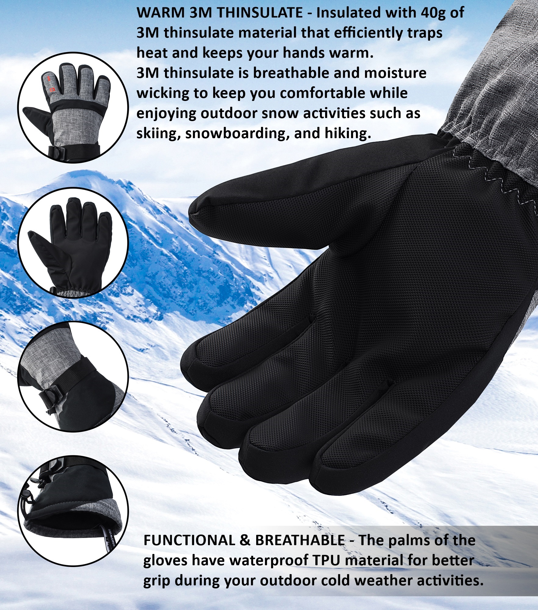 Alpine Swiss Mens Waterproof Gauntlet Snow Ski Gloves Winter Sport Snowboarding Windproof Warm 3M Thinsulate - image 3 of 7