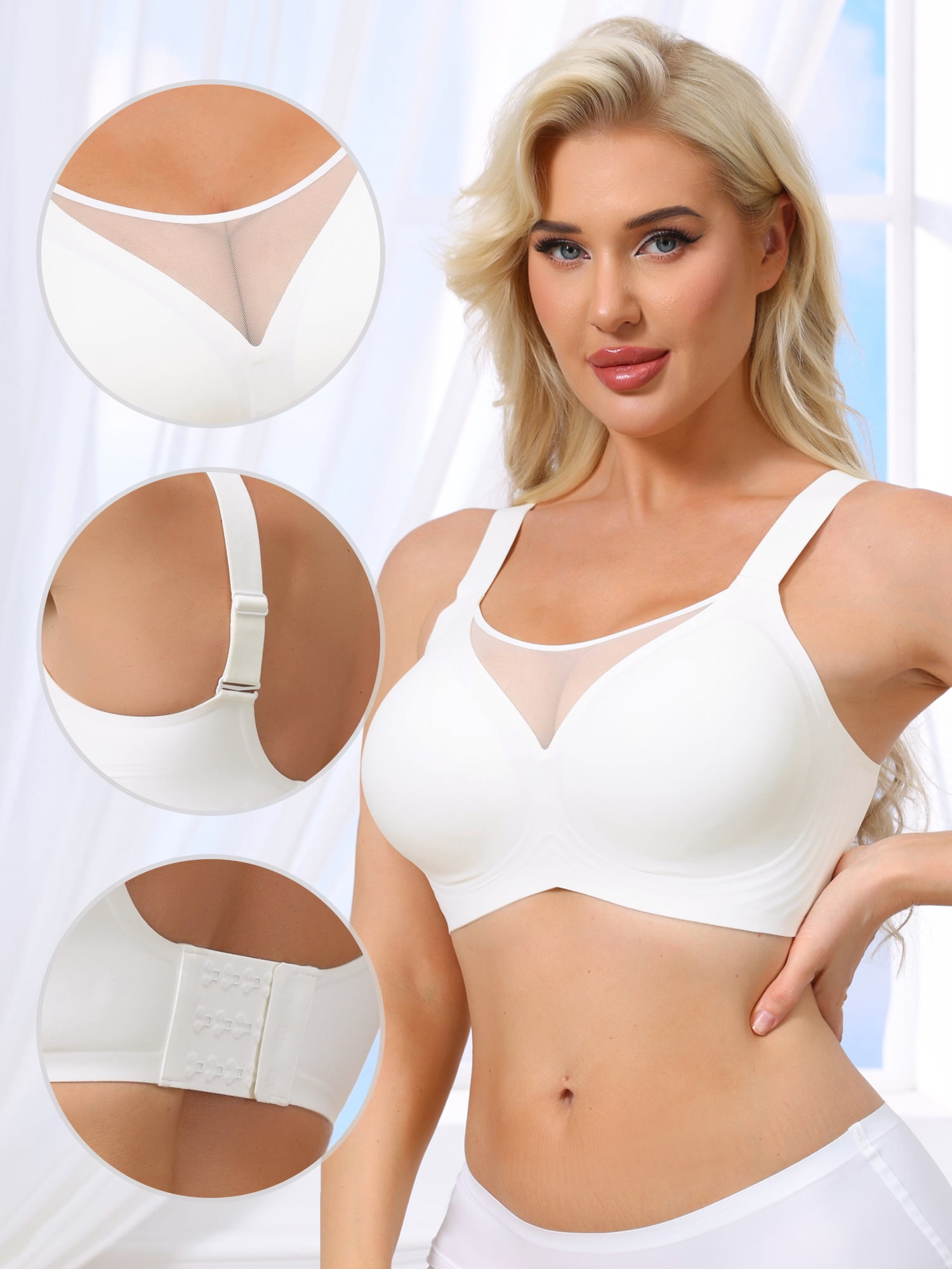 DARING DIVA Women's Mesh V-Neck Wirefree Seamless Soft Bras S White